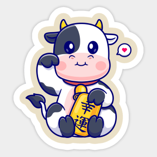 Cute Lucky Cow Holding Gold Coin Cartoon Sticker